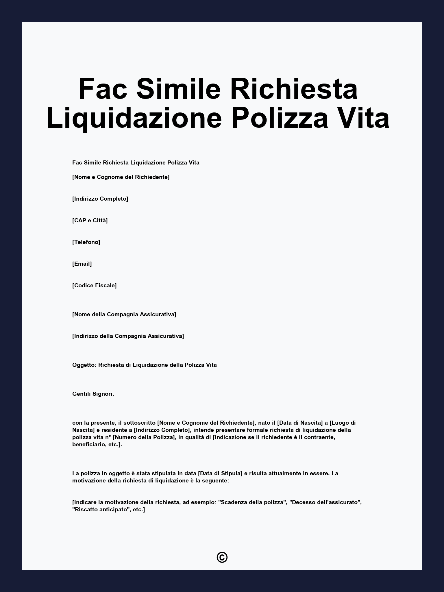 Fac Simile Richiesta Liquidazione Polizza Vita