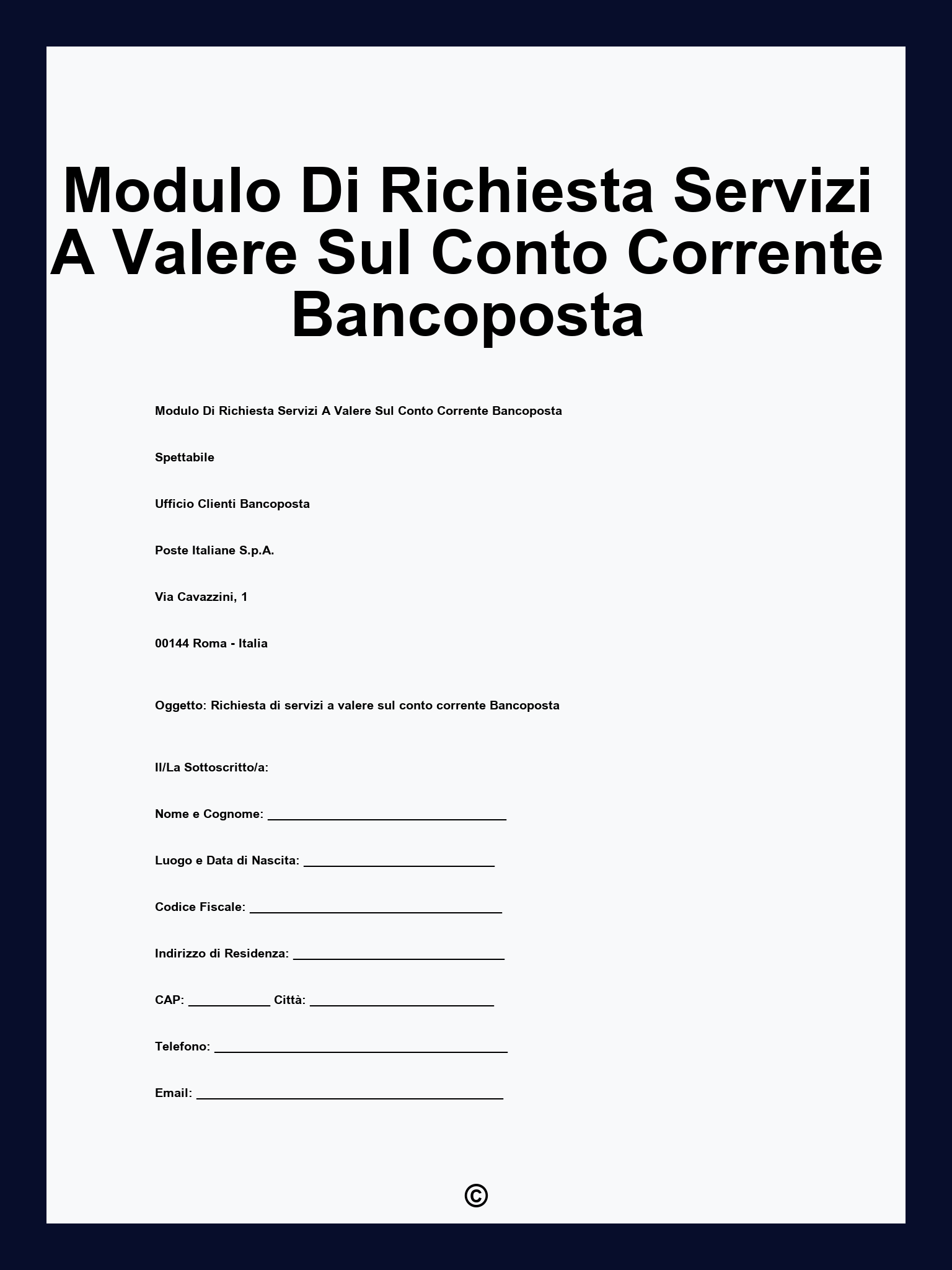 Modulo Di Richiesta Servizi A Valere Sul Conto Corrente Bancoposta