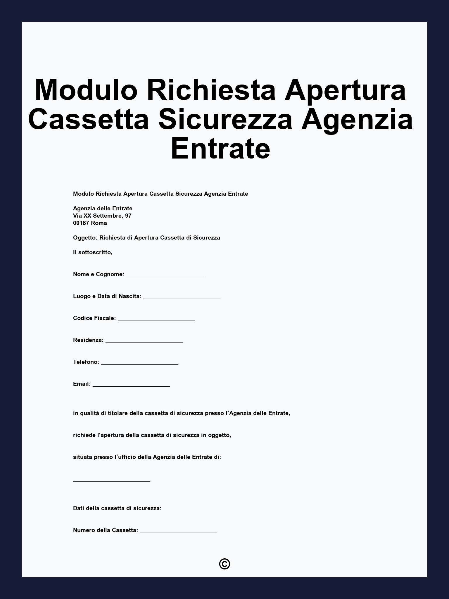 Modulo Richiesta Apertura Cassetta Sicurezza Agenzia Entrate