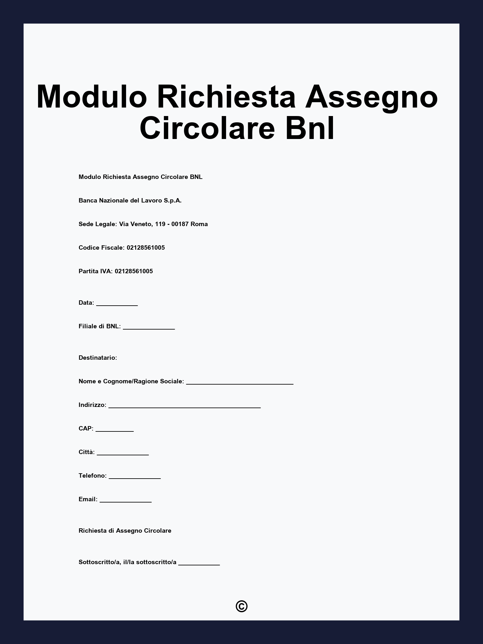 Modulo Richiesta Assegno Circolare Bnl