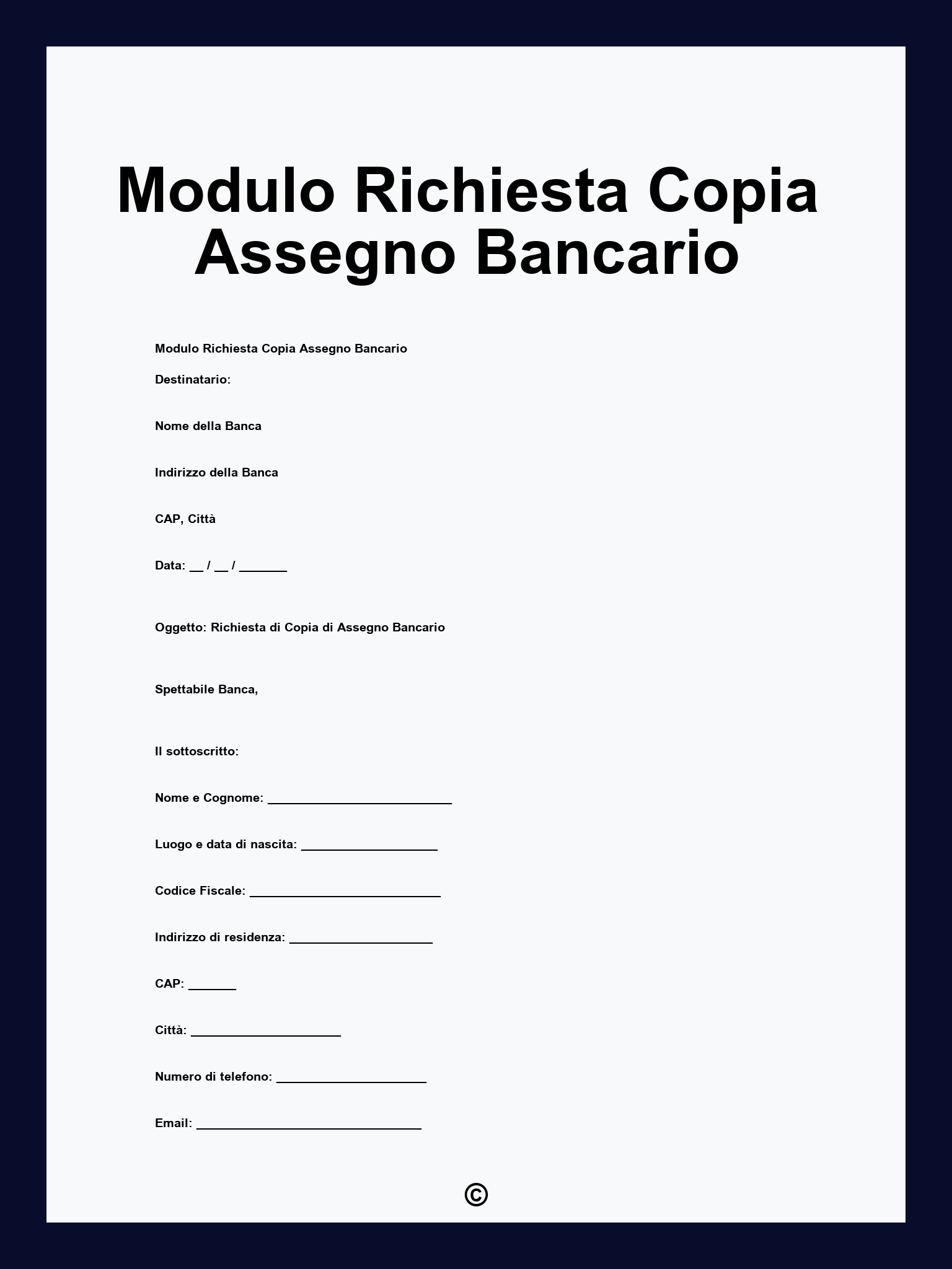 Modulo Richiesta Copia Assegno Bancario