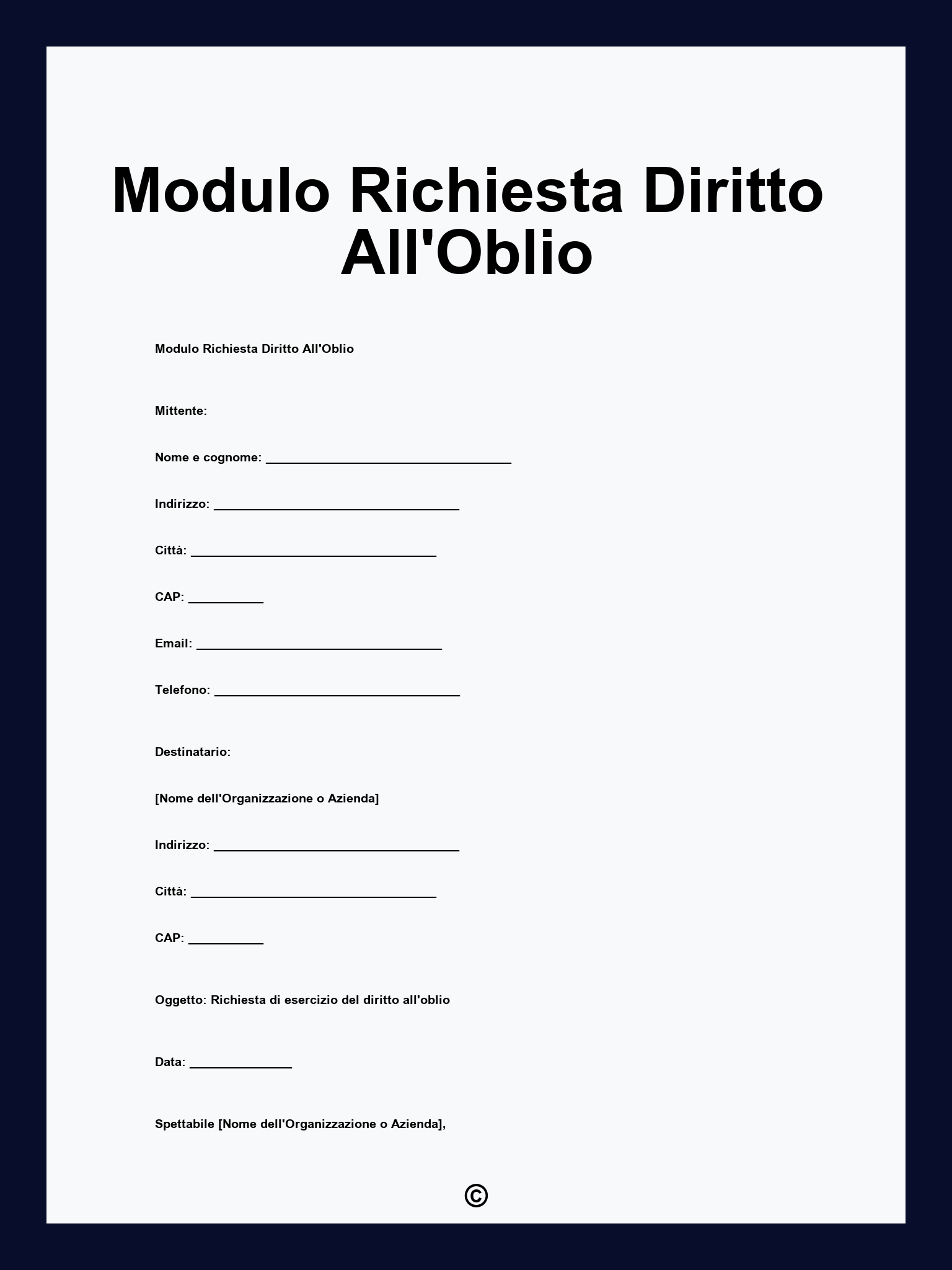 Modulo Richiesta Diritto All'Oblio
