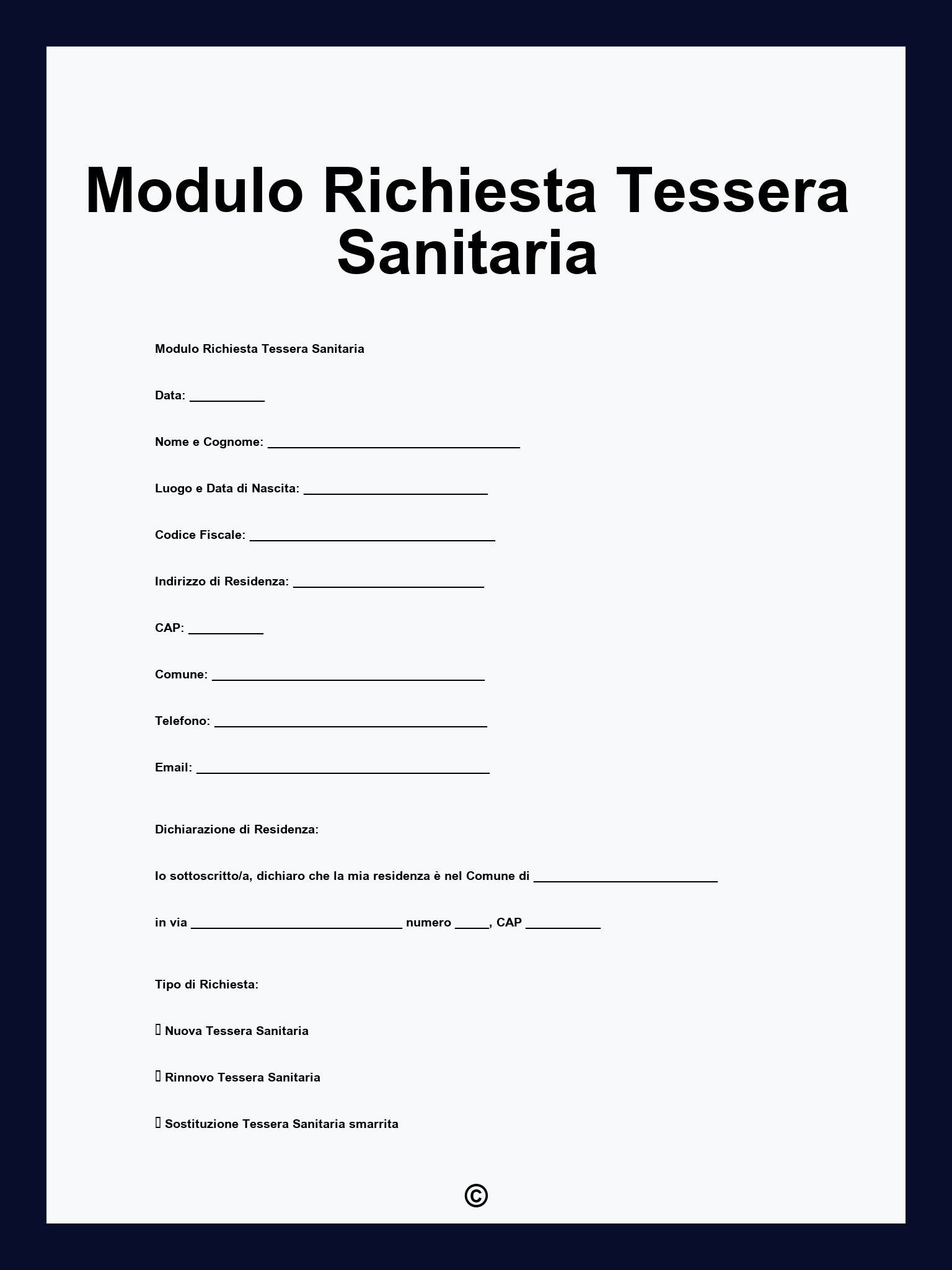 Modulo Richiesta Tessera Sanitaria