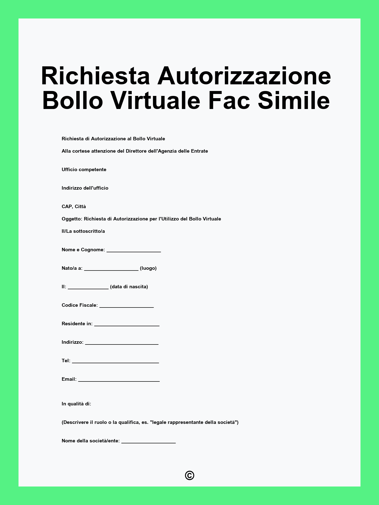 Richiesta Autorizzazione Bollo Virtuale Fac Simile