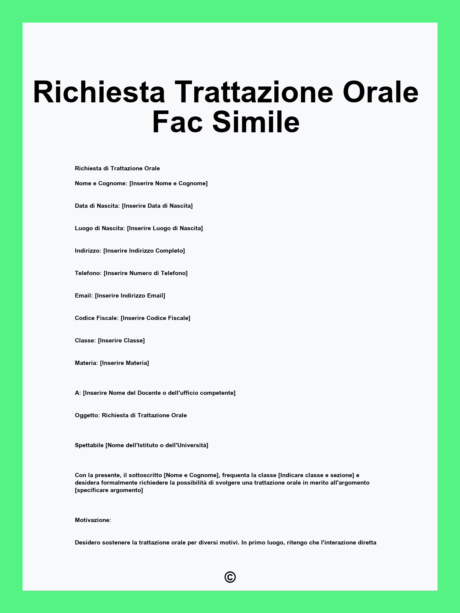 Richiesta Trattazione Orale Fac Simile